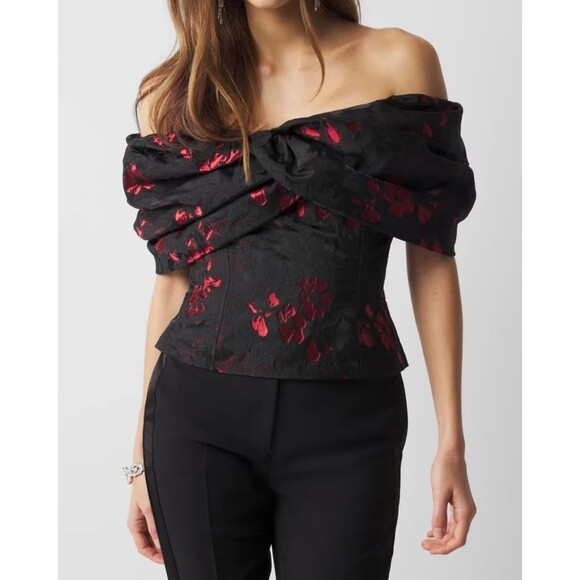White House Black Market Tops - White House Black Market WHBM Floral Jacquard Bustier Black Red off Shoulder 14